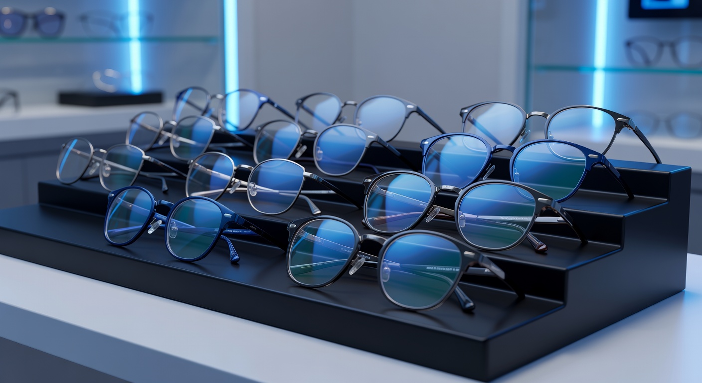 Blue light glasses collection with cool lighting