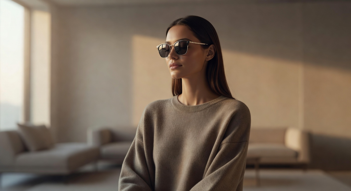 Brand story image with model wearing luxury eyewear