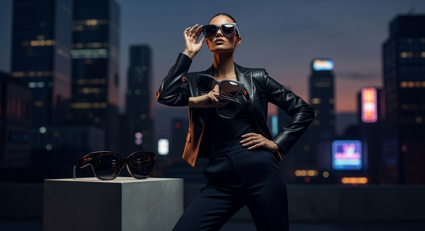 Model wearing premium sunglasses collection