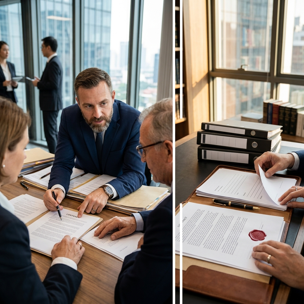 Professional individuals discussing terms over a desk